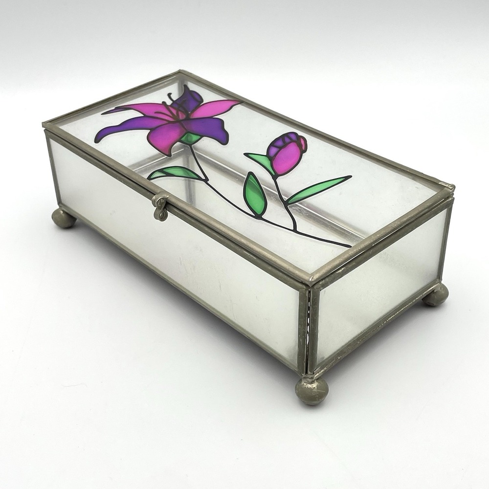 Vintage Taiwan Stained Glass Jewelry Trinket Box Frosted Glass Purple Lily